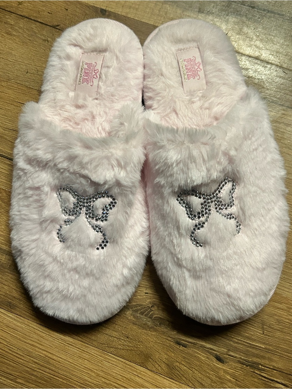 Victoria's Secret Pink x LoveShackFancy Bling Faux Fur Slippers Pink Tulip M 7-8